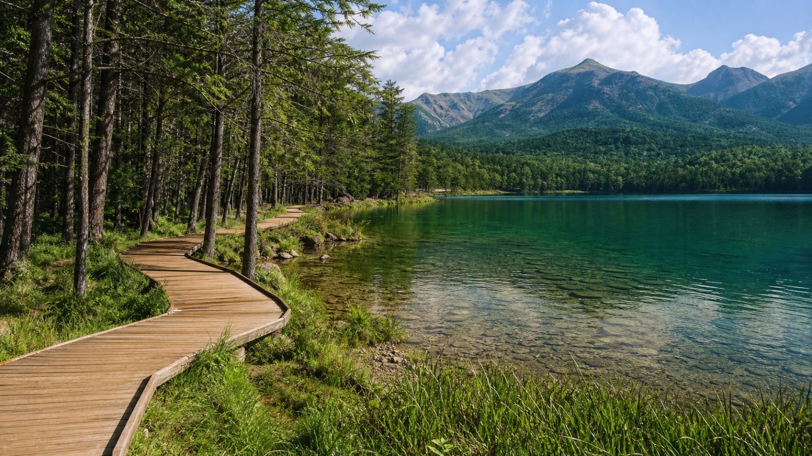 Wooden boardwalk beside a clear forest lake in Arxan National Forest Park