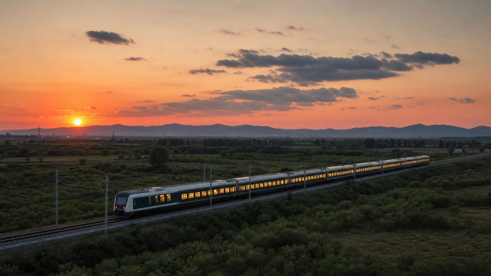 Overnight passenger train travelling from Shenyang to Hailar at sunset