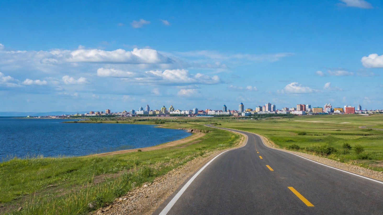 Road beside Hulun Lake leading toward Manzhouli
