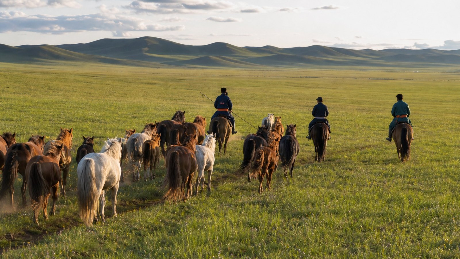Horse riders and herd crossing the open Hulunbuir grasslands