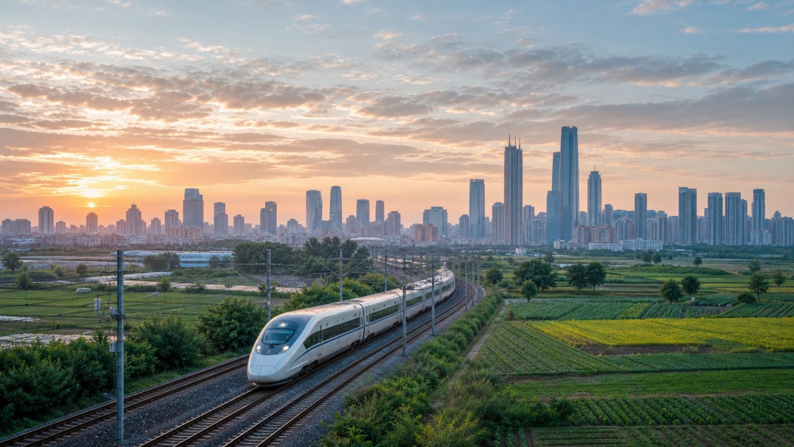 Passenger train approaching Shenyang at sunrise