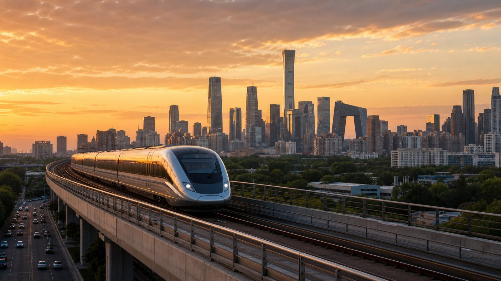 Airport express train approaching the modern Beijing skyline at arrival