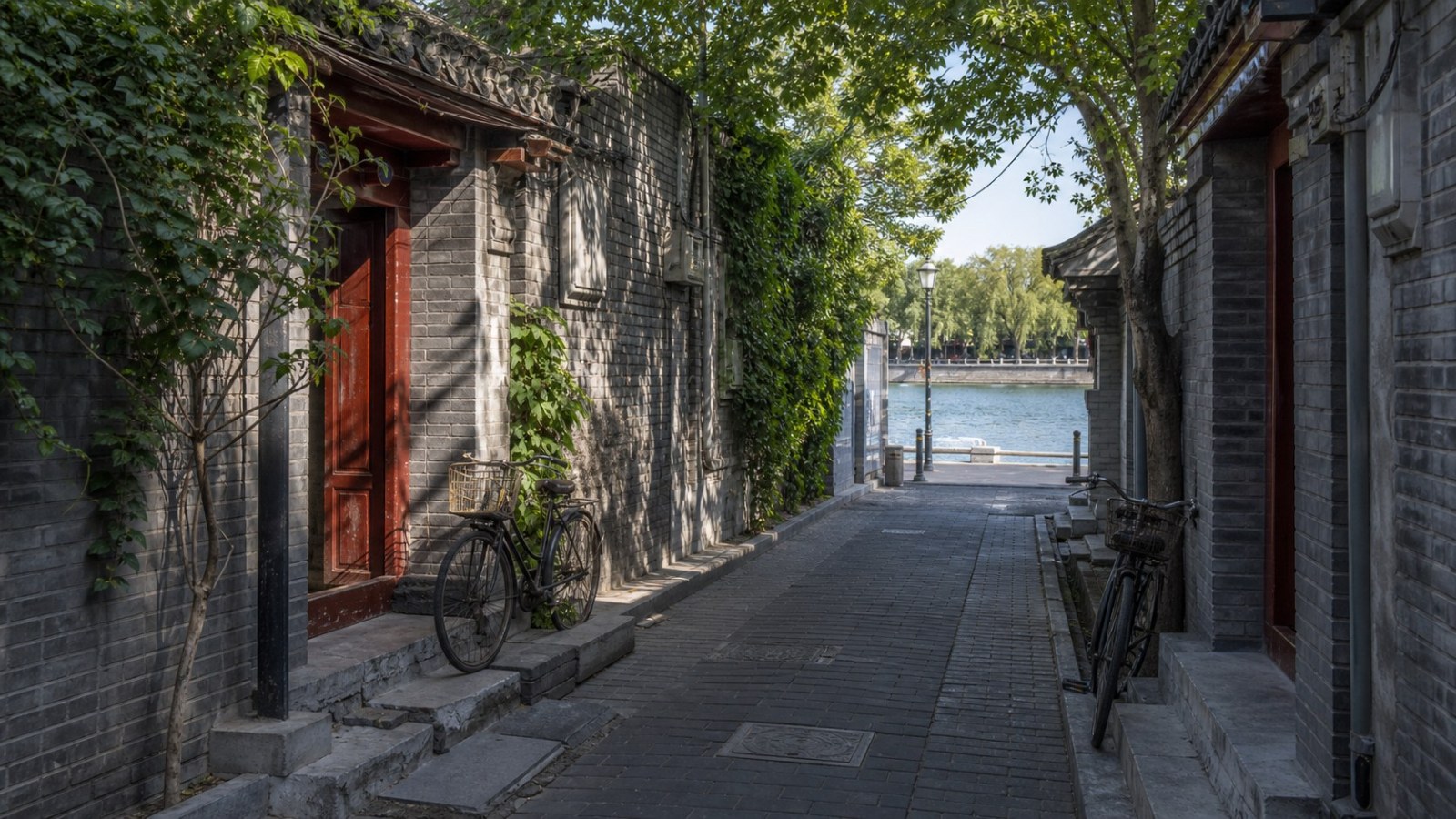 Leafy Beijing hutong lane leading toward Houhai