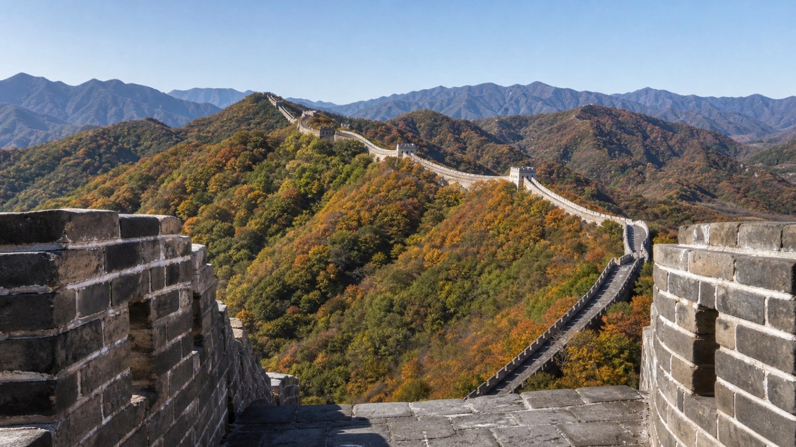 View along Mutianyu Great Wall from a stone watchtower terrace