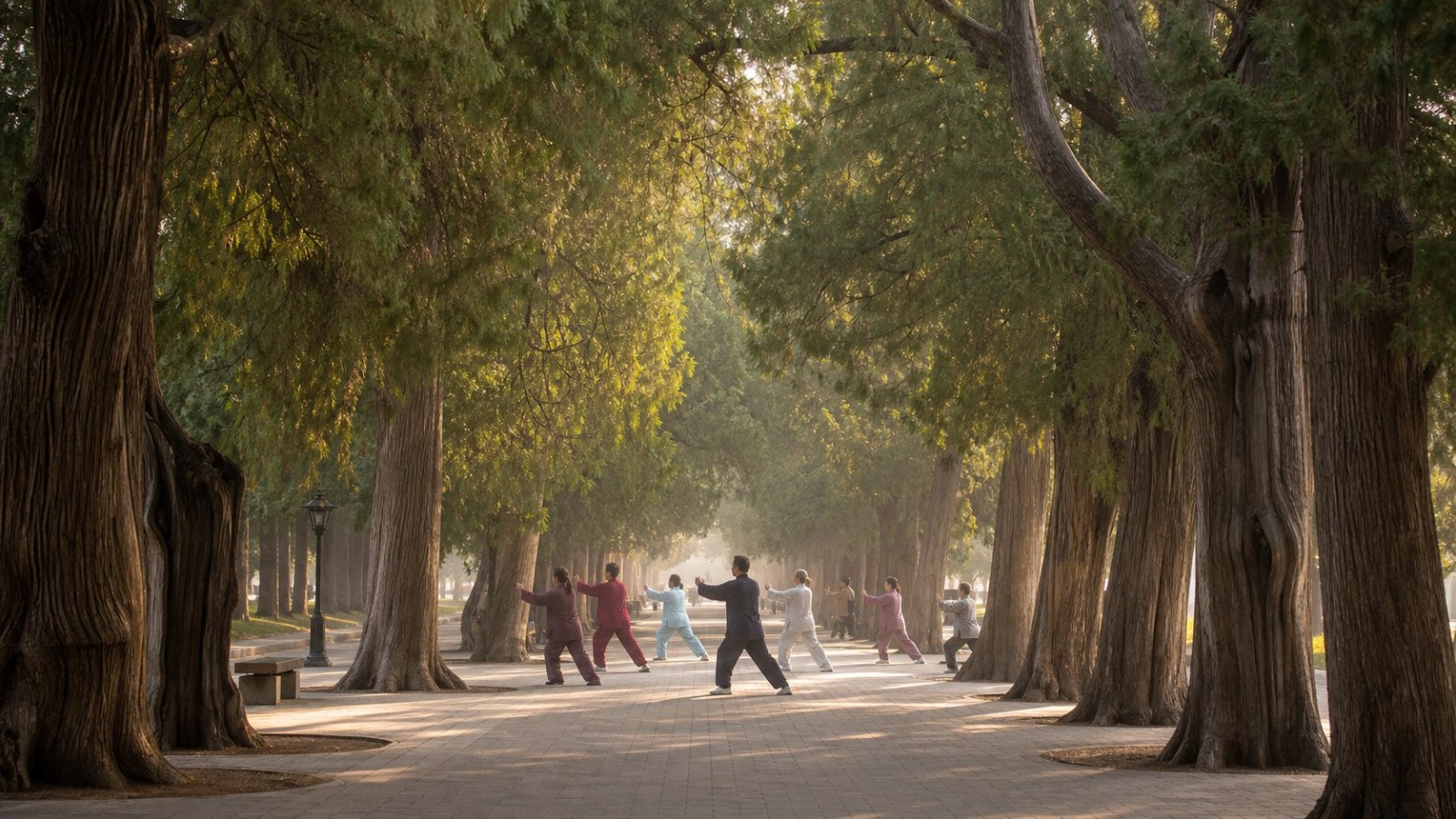 Local residents practising tai chi among ancient cypress trees in Temple of Heaven Park