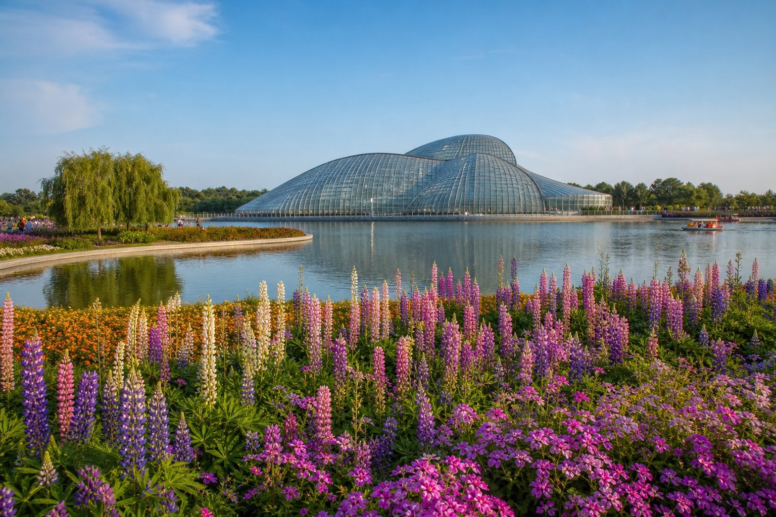 Seasonal flower fields, lake and modern conservatory at Shenyang Expo Garden
