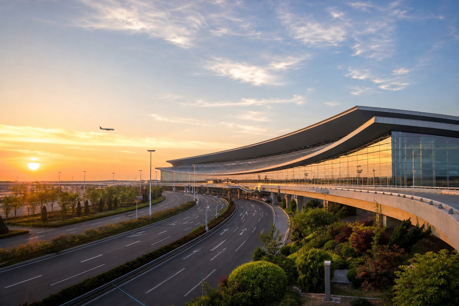 Modern Dalian airport exterior at sunrise with one aircraft in the distance
