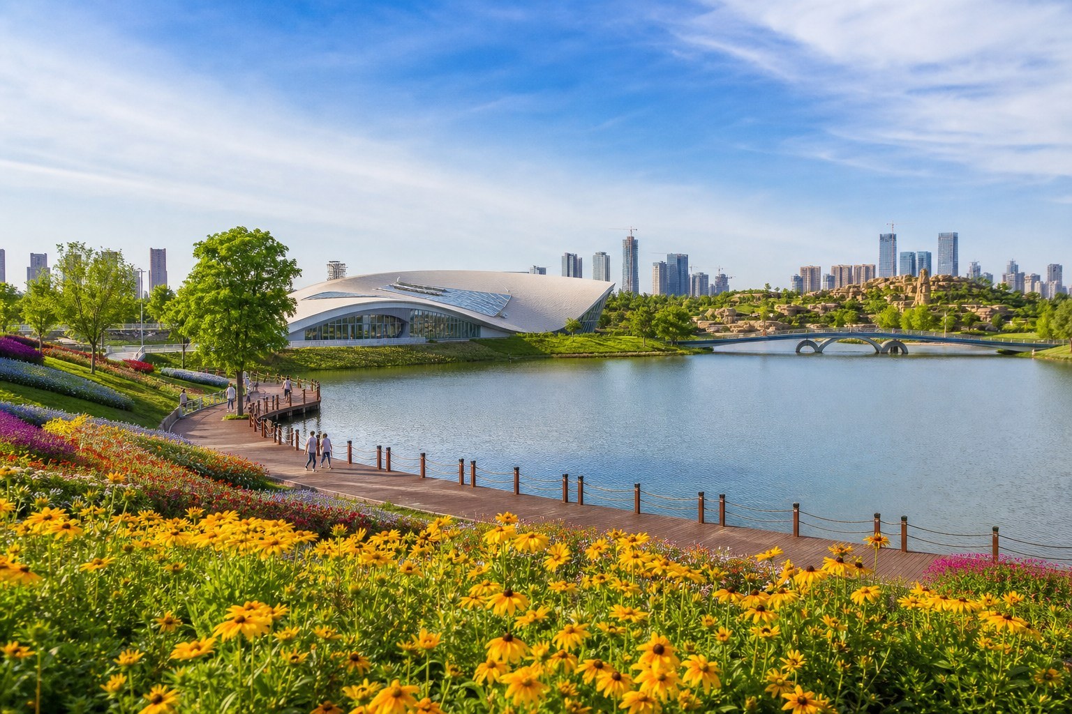 Panoramic lake, flower terraces and contemporary pavilion in Shenyang Expo Garden