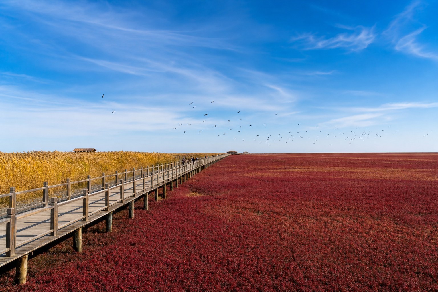 Boardwalk crossing crimson seepweed and golden reeds at Panjin Red Beach