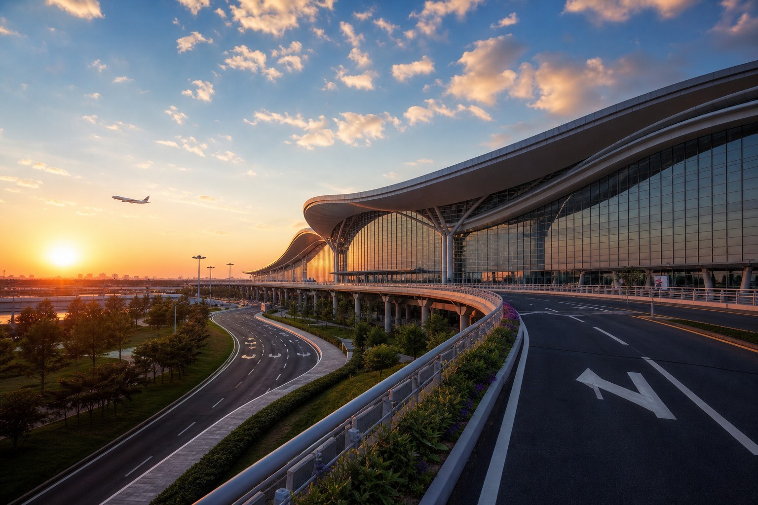 Modern Shenyang airport terminal at sunrise for the final departure after returning from Panjin