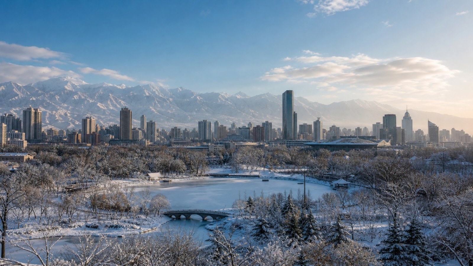 Snow-covered Urumqi park and modern skyline at arrival