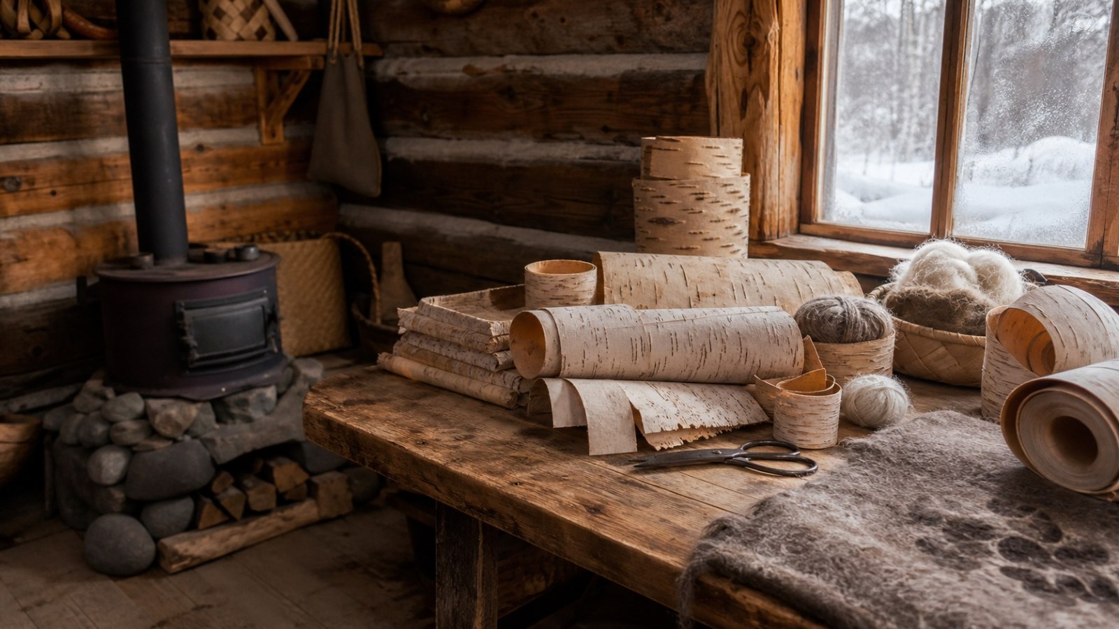 Birch-bark and wool craft materials inside a warm Hemu cabin