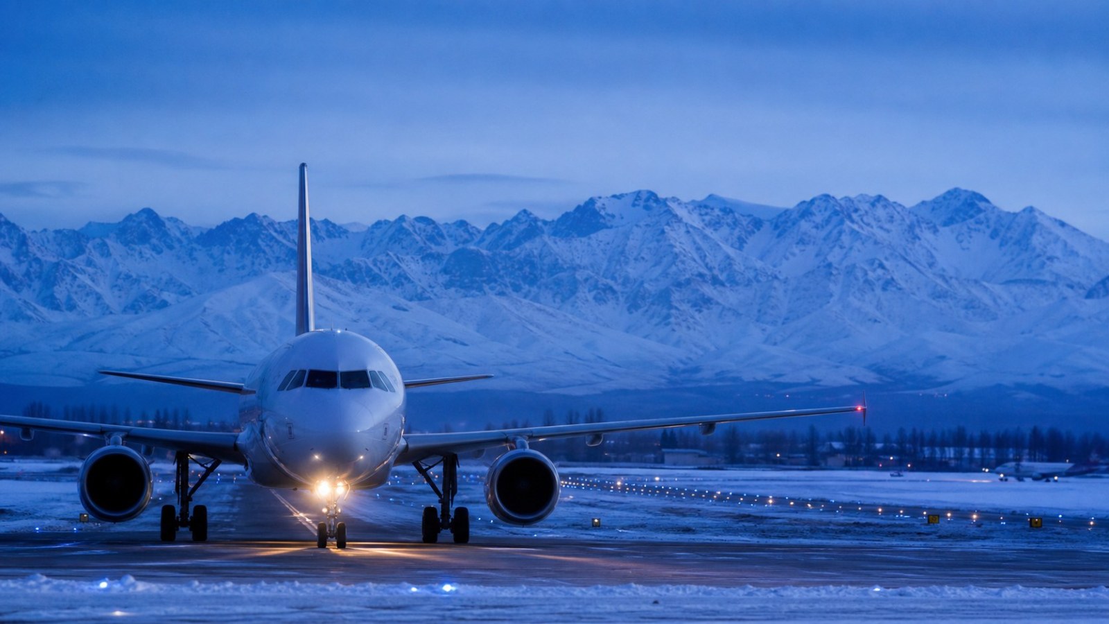 Passenger airplane on a snowy Urumqi runway at blue hour