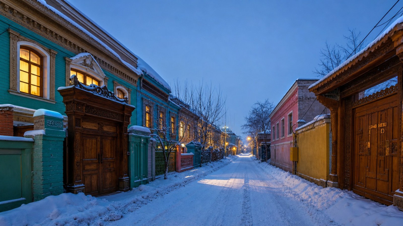 Colourful secular houses along Yining Liuxing Street in winter