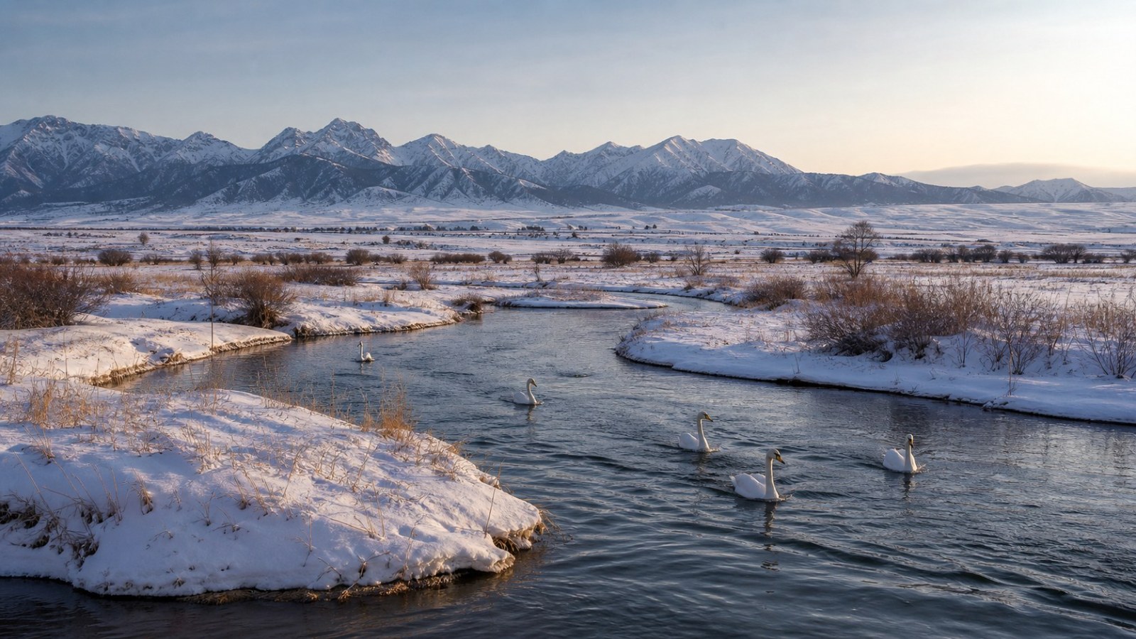 Swans and winding open water in the snow-covered Zhaosu wetland