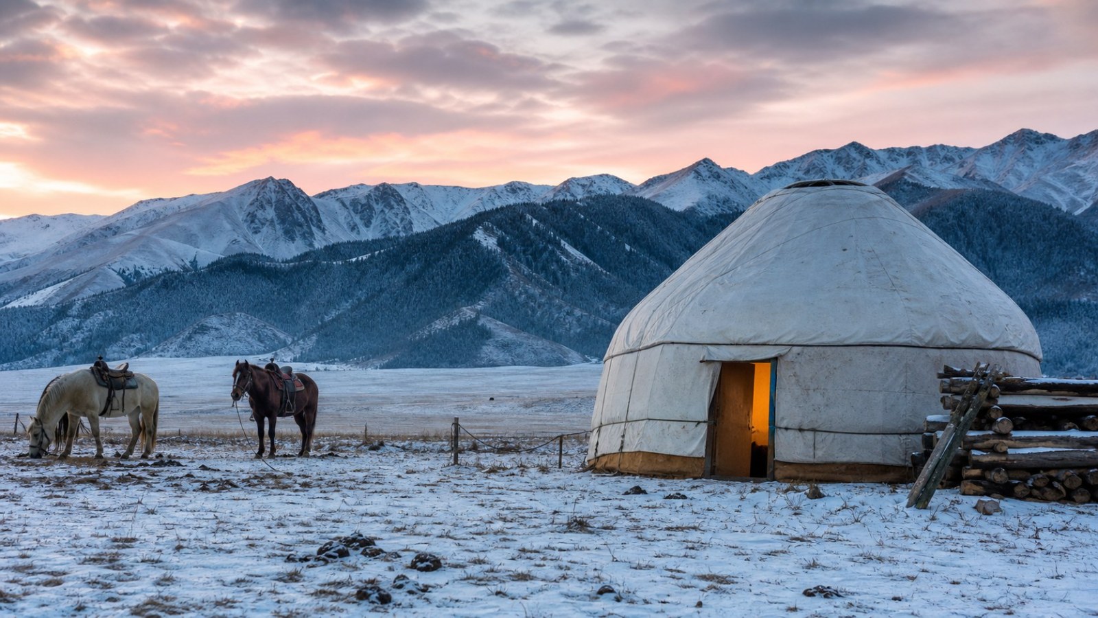 Traditional Kazakh yurt and horses near Nalati in winter
