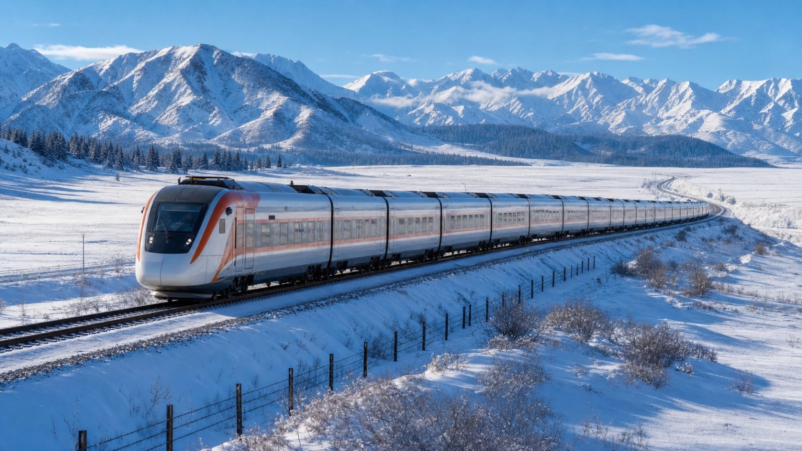 Modern train travelling through snowy Ili valley from Yining to Urumqi