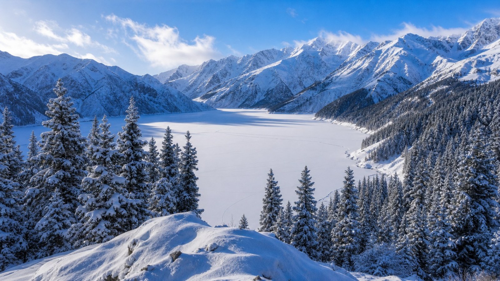 Frozen Tianshan Tianchi surrounded by spruce forest and snowy peaks