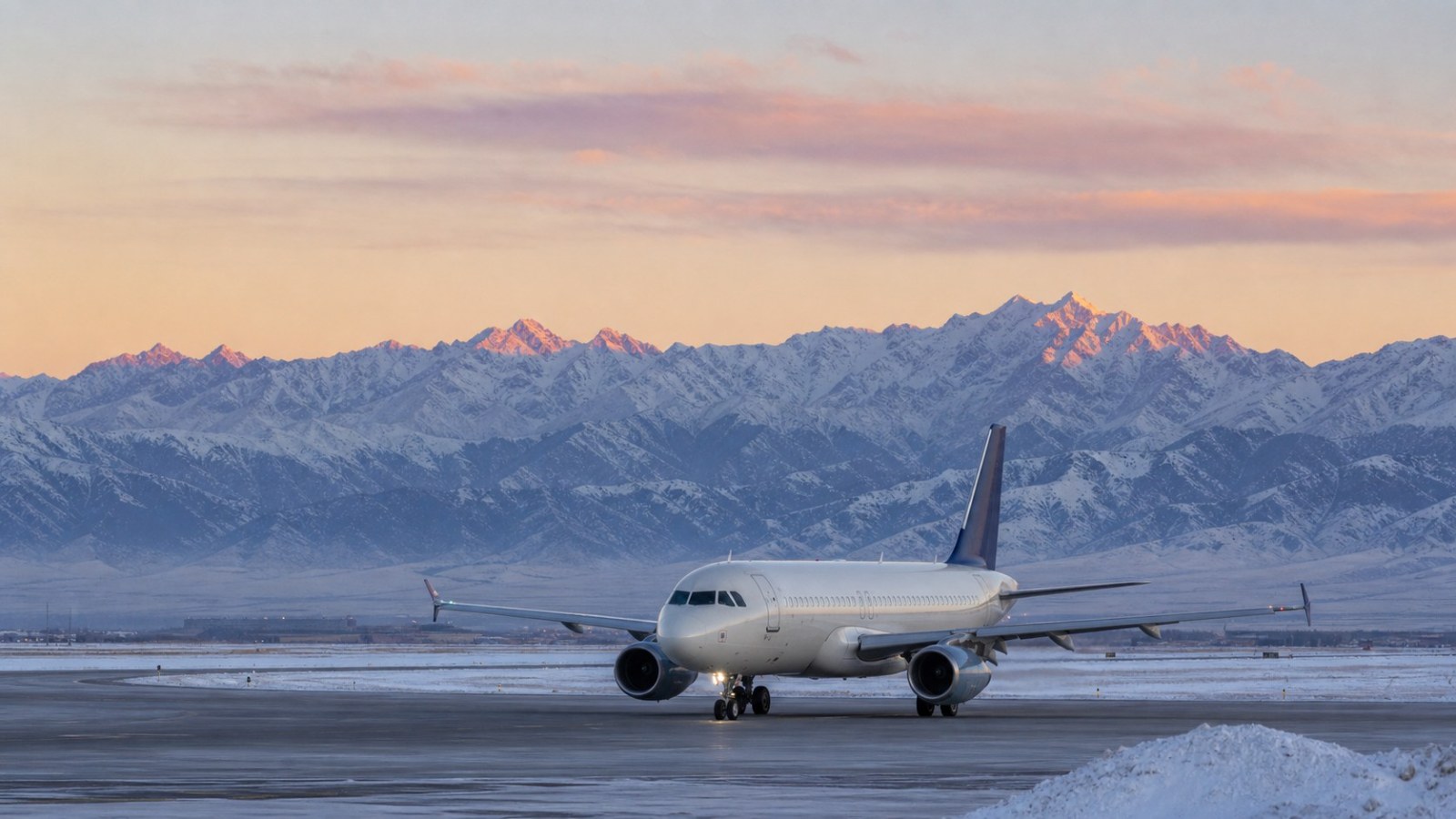 Passenger airplane on a snowy Urumqi runway at dawn