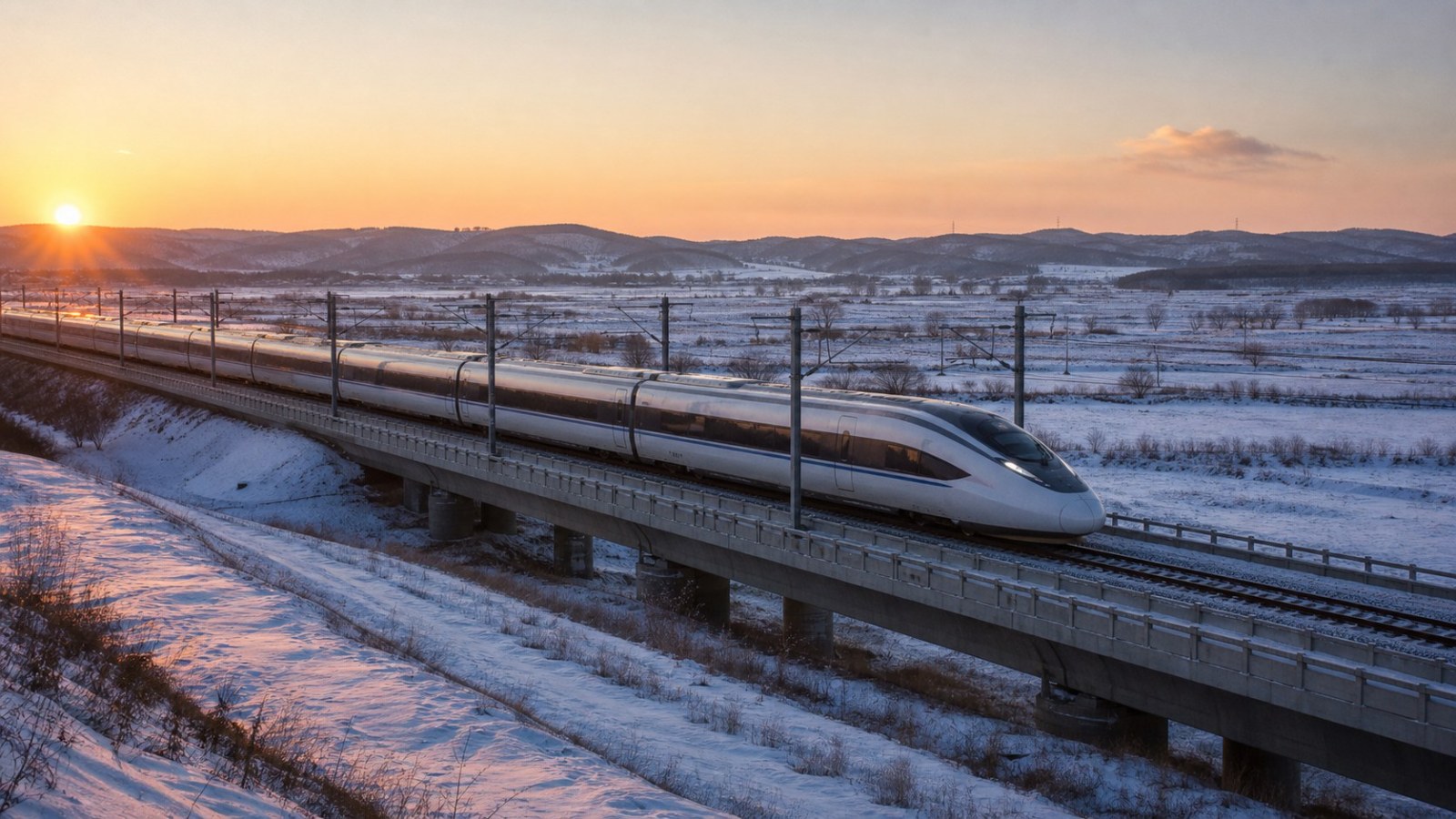 High-speed train crossing snowy countryside from Beijing to Shenyang