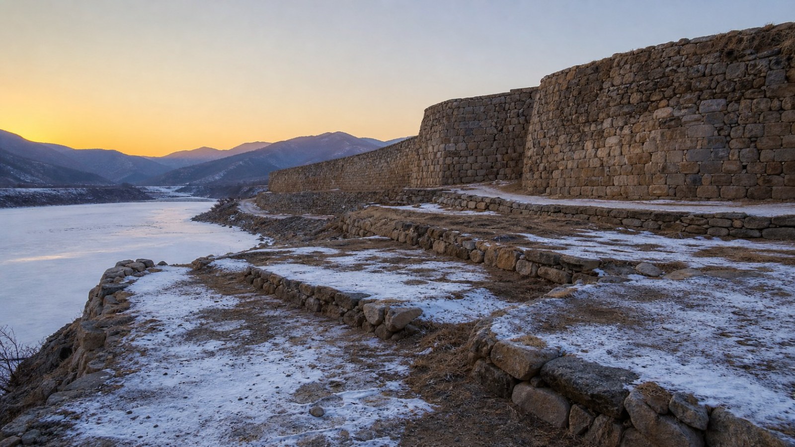 Ancient Koguryo stone city wall beside the frozen river in Ji'an