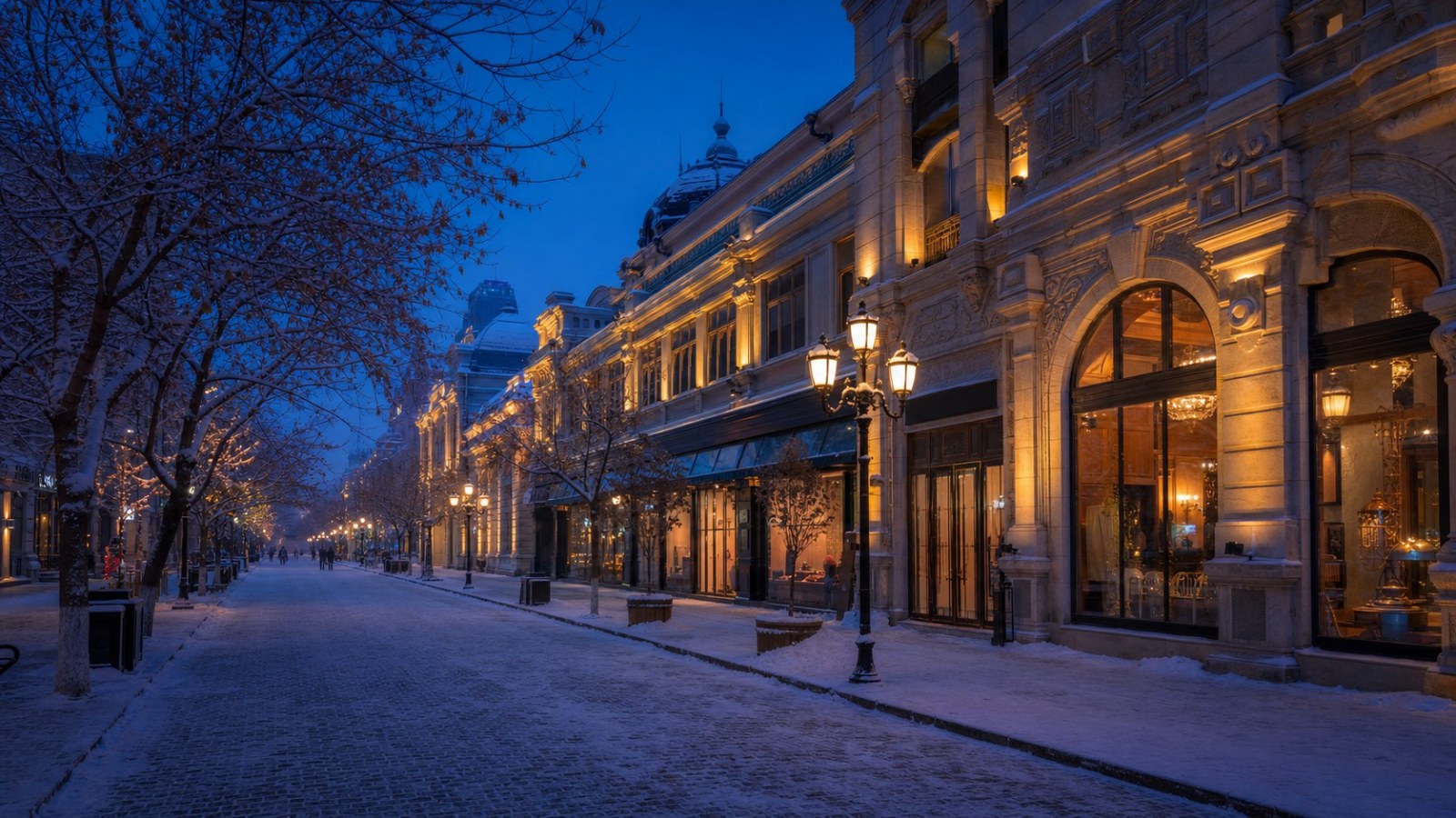 Historic secular facades along Harbin Central Street in winter