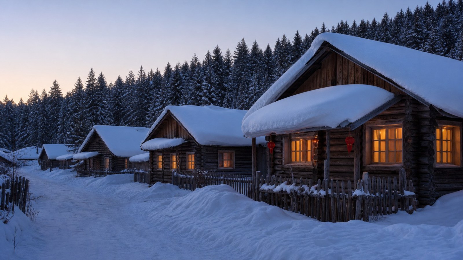 Traditional wooden homes in snowy Beihong Village near Mohe