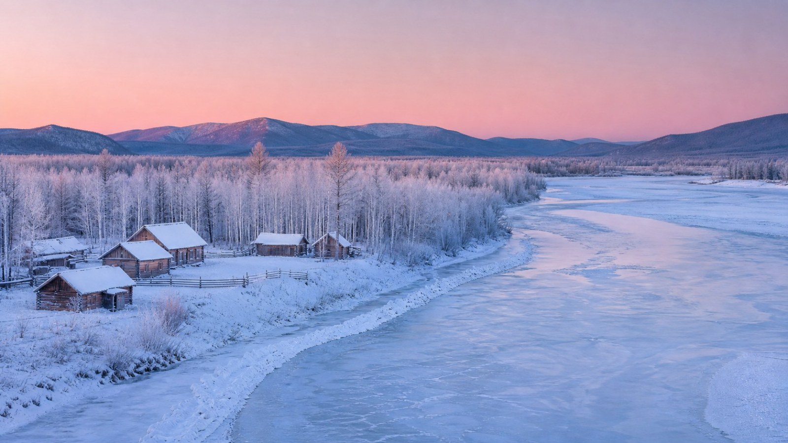 Frozen river and birch forest at Arctic Village near Mohe
