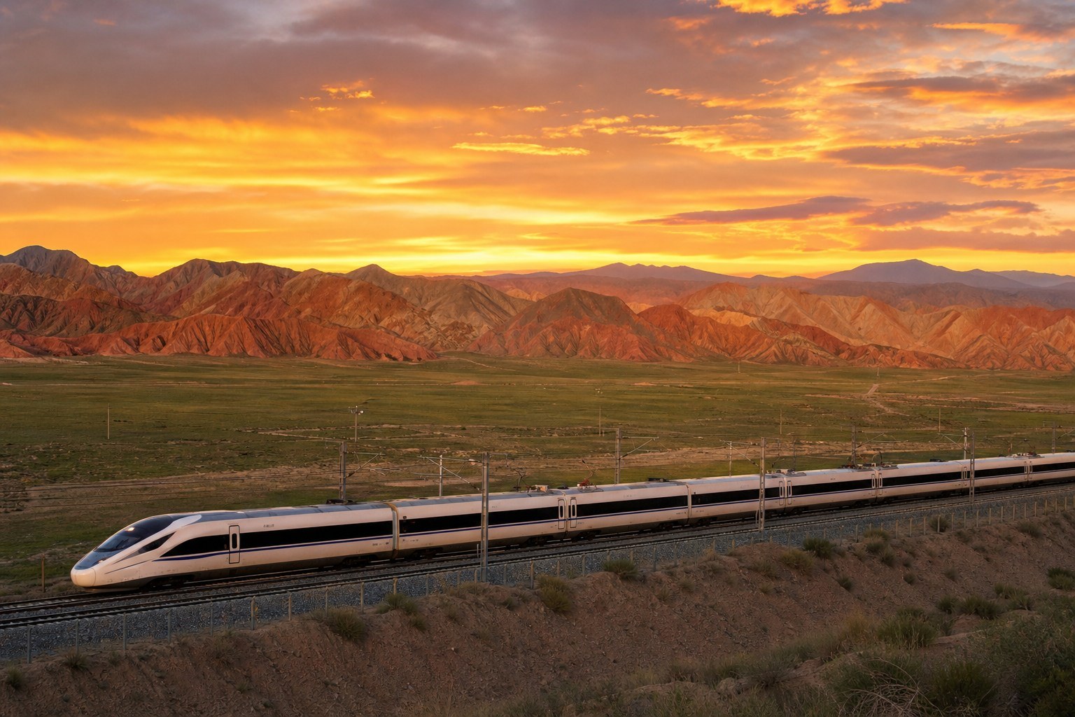 High-speed train travelling toward Zhangye with Danxia foothills in the distance