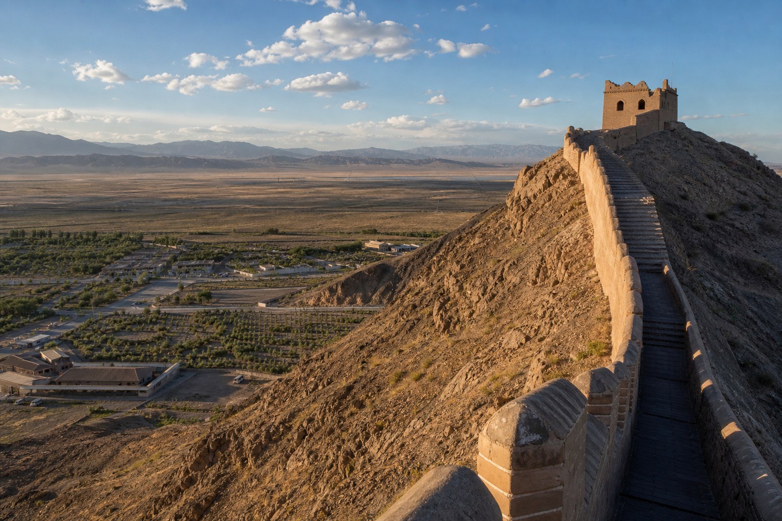 Jiayuguan pass city and Overhanging Great Wall across the Hexi Corridor