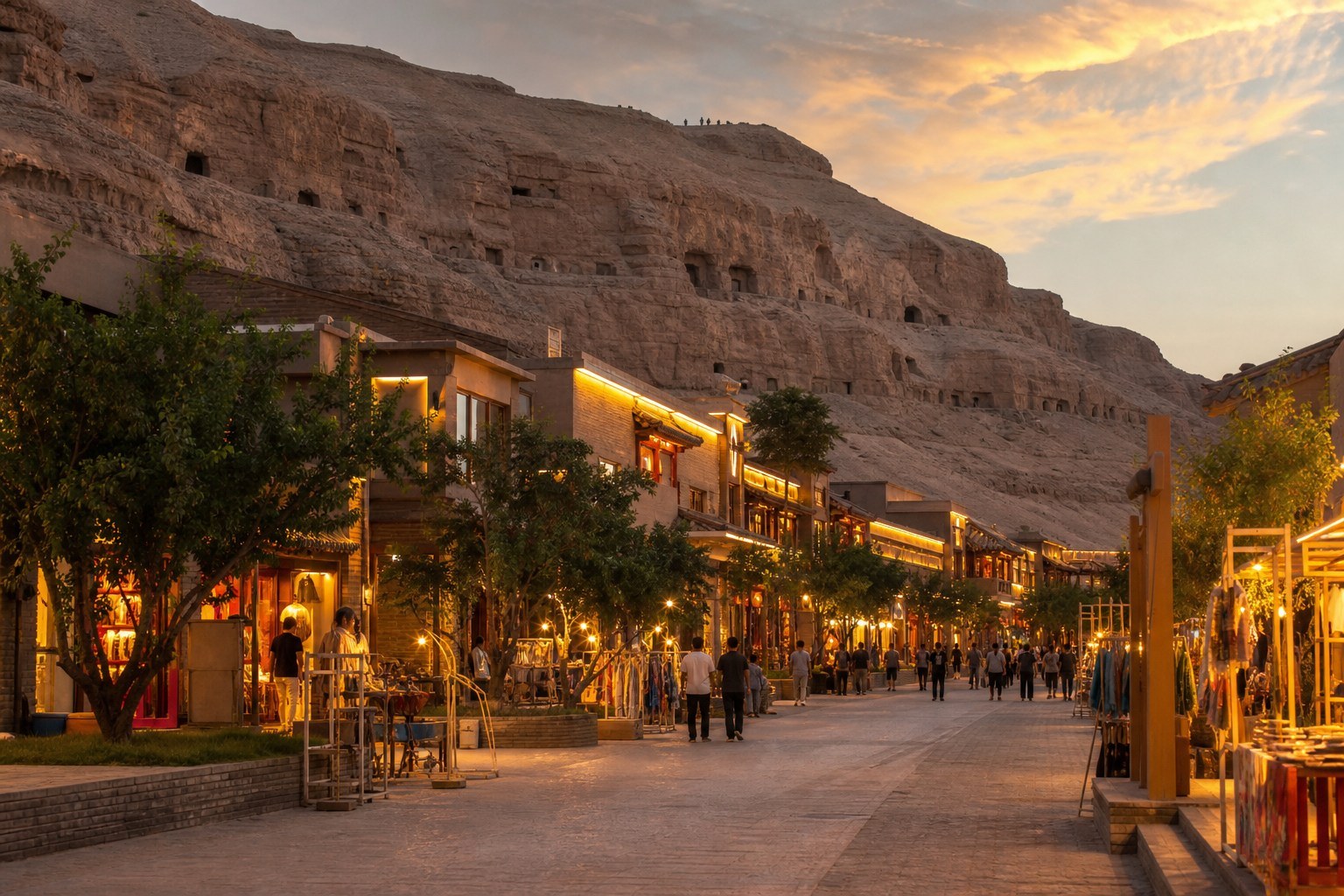 Weathered desert cliffs and a lively secular market street at the edge of Dunhuang