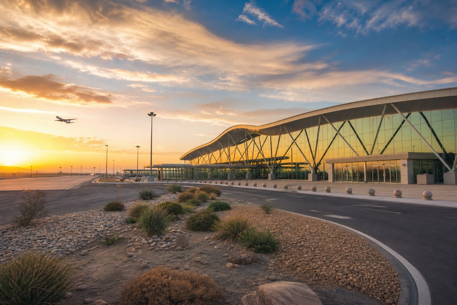 Modern Dunhuang airport terminal at sunrise with an aircraft in the distance
