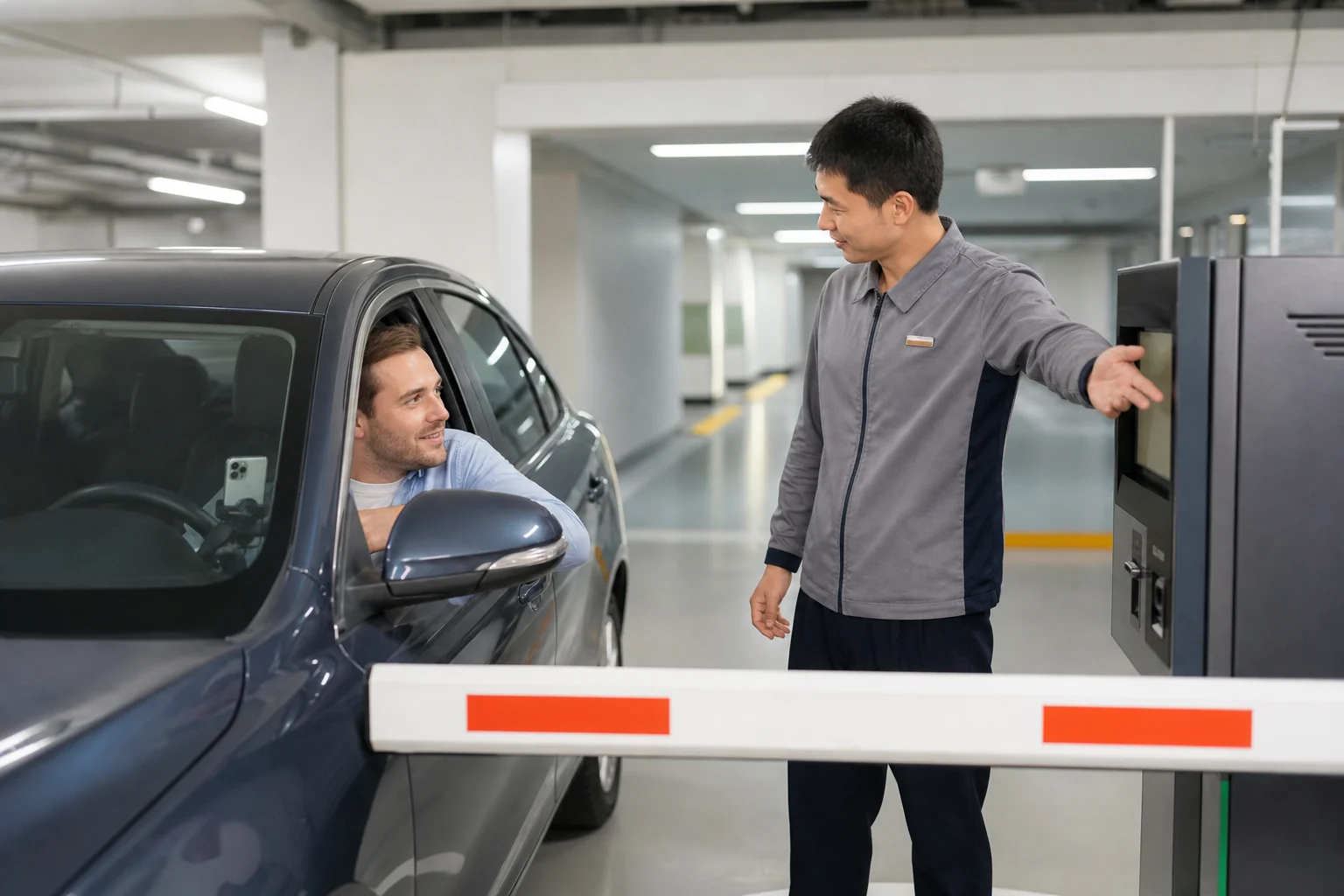 Parking attendant helping a foreign visitor at a staffed hotel garage exit