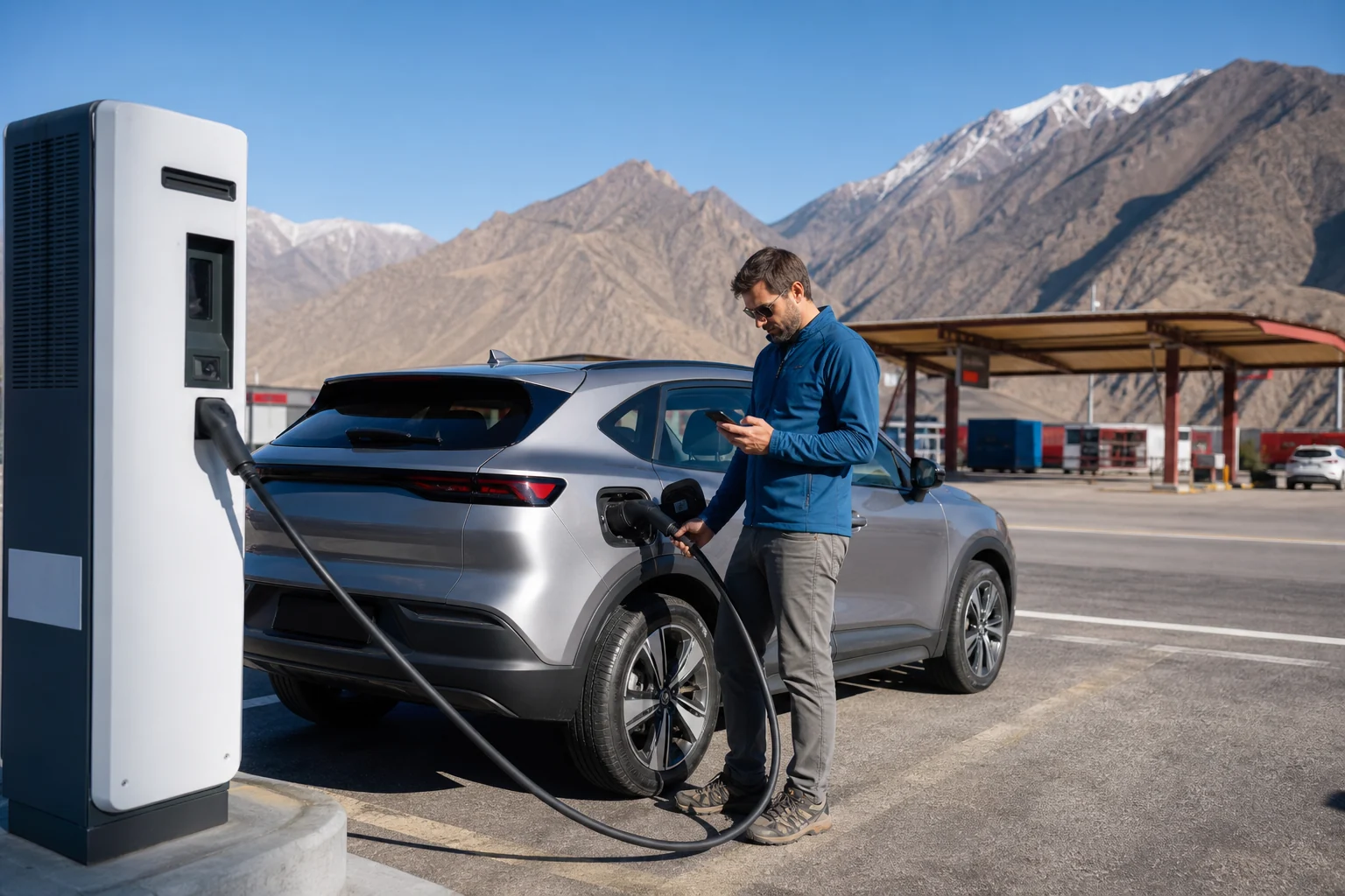 Electric SUV charging at a mountain service area during a China road trip