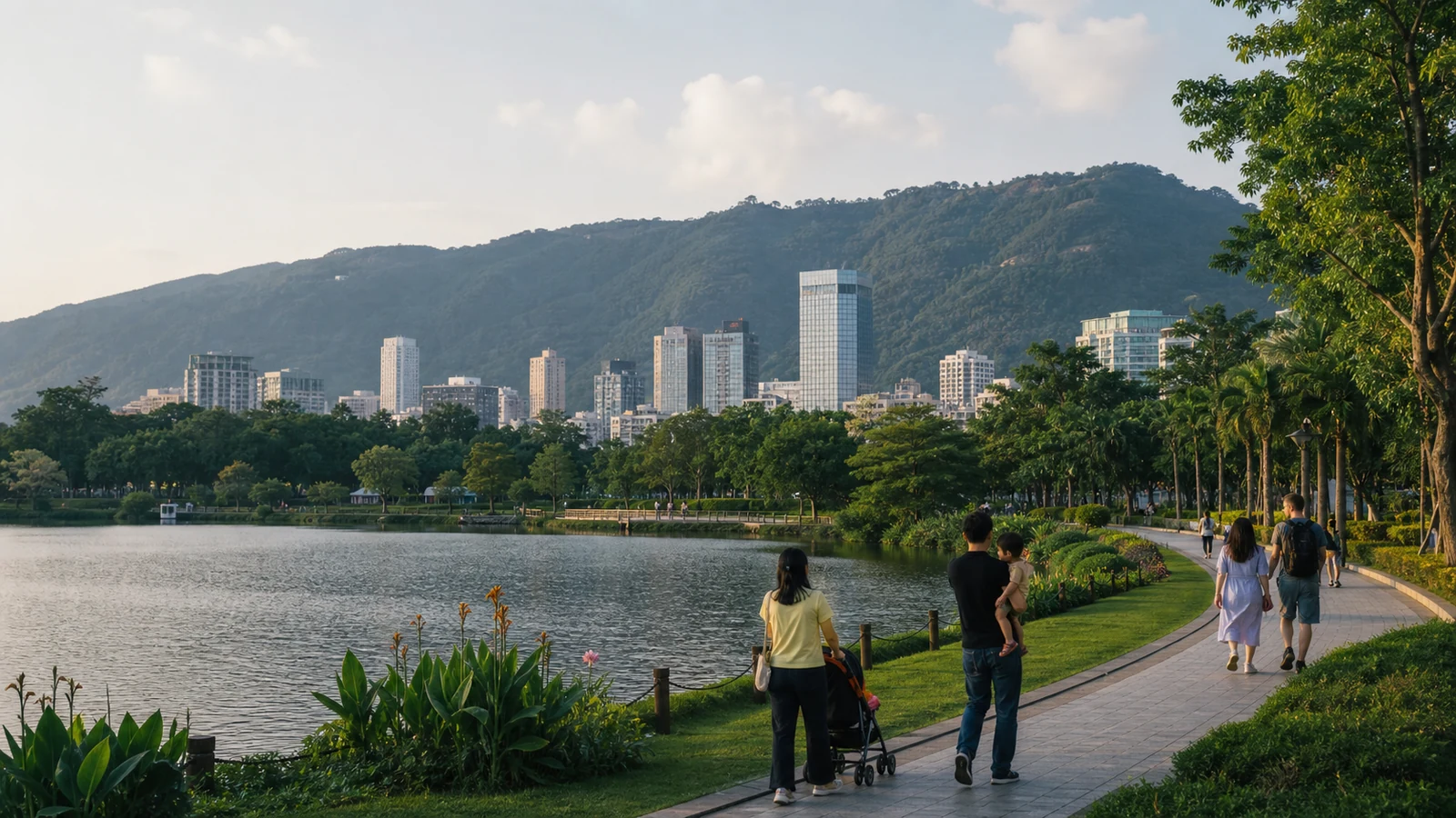 Families walk beside a lake with Dongguan city and forested hills beyond