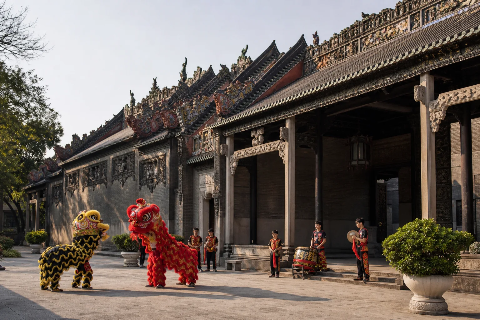 Lion dancers practising in the courtyard of a Lingnan temple in Foshan