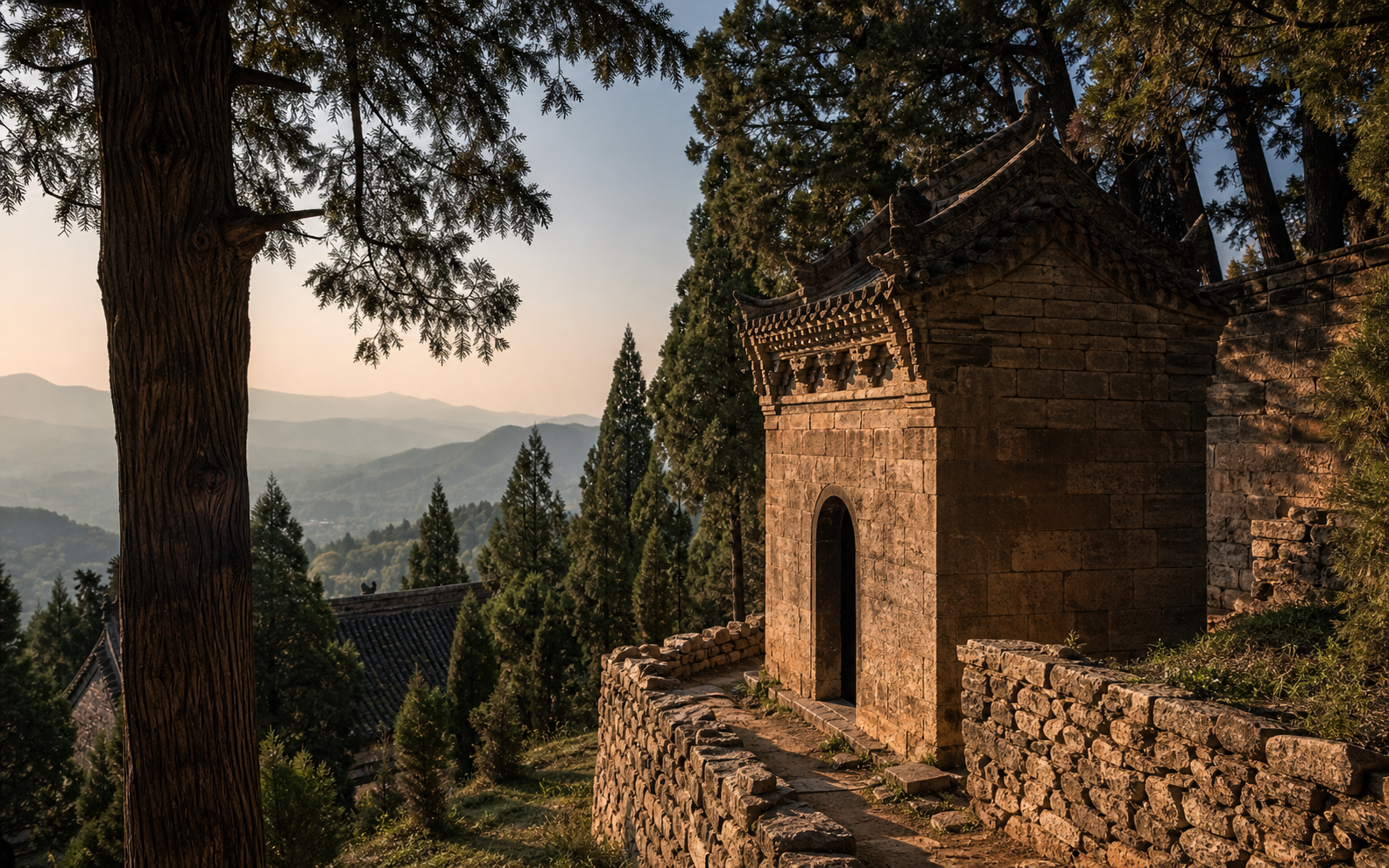 Historic stone architecture among cypress trees in Gongyi, Henan