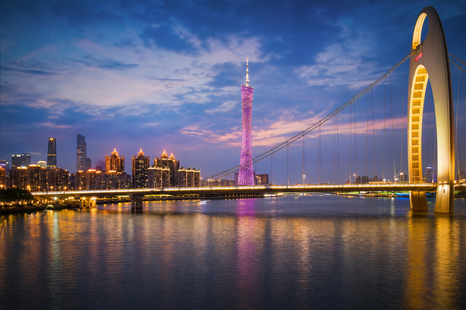 Pearl River skyline and Canton Tower in Guangzhou at dusk