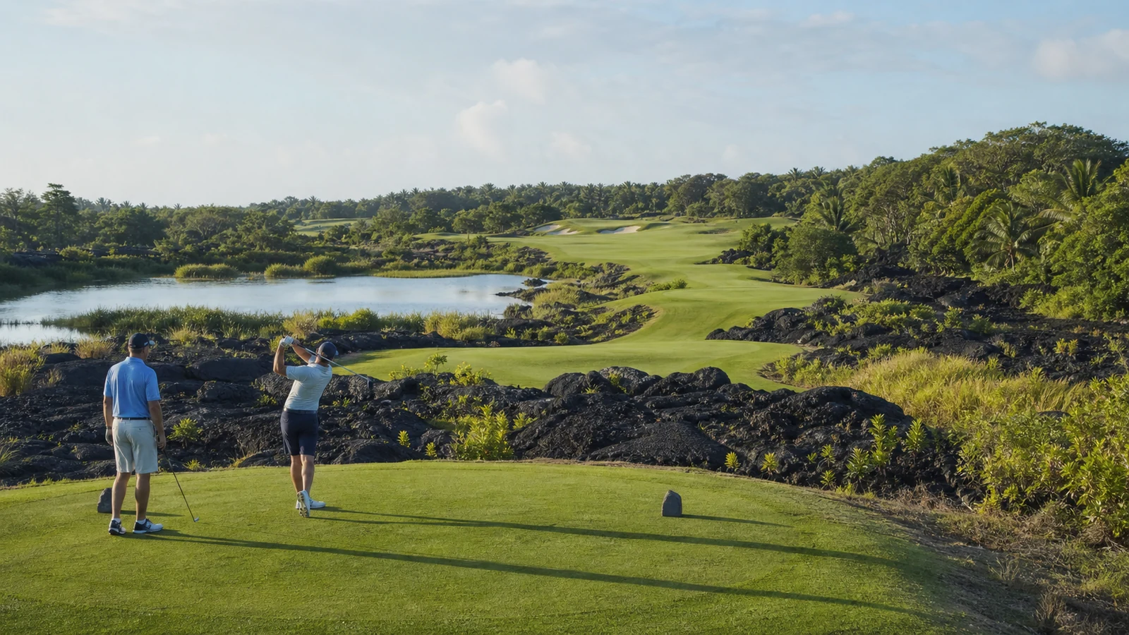 Golfers tee off beside black lava rock and wetlands on a Haikou golf course