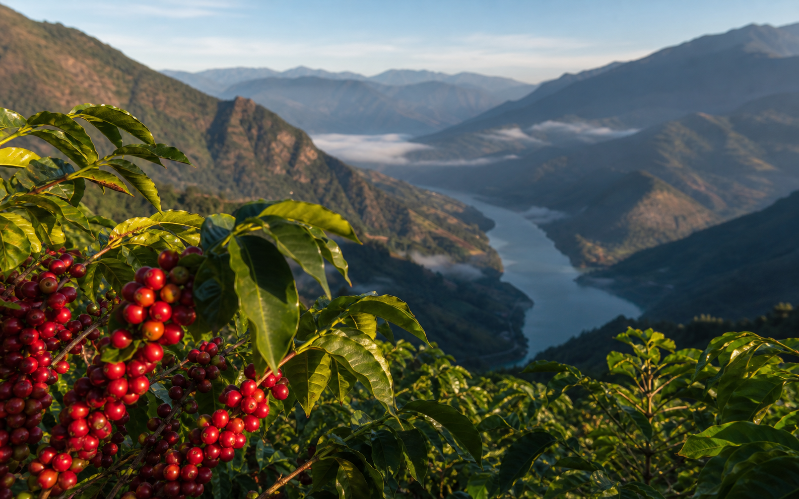 Coffee cherries overlooking the Nujiang valley near Lujiangba, Yunnan