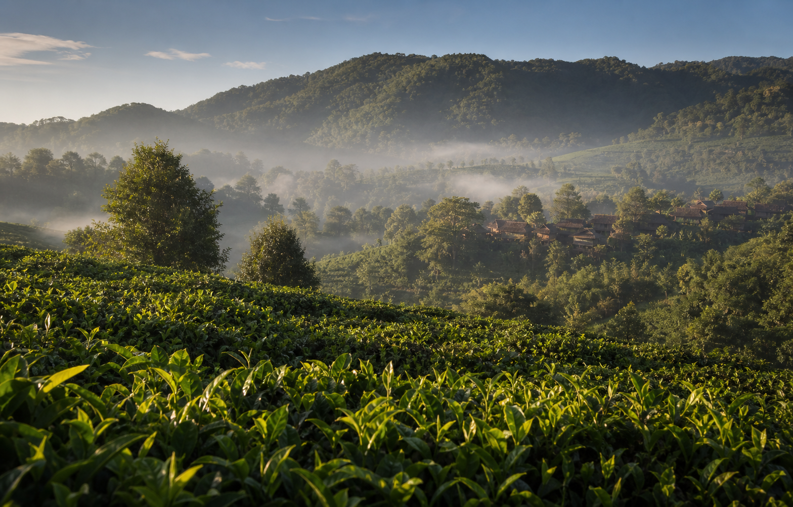 Tea gardens and tropical mountain landscape in Menghai, Yunnan