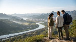 Travelers planning a private China tour with a local guide above a river valley