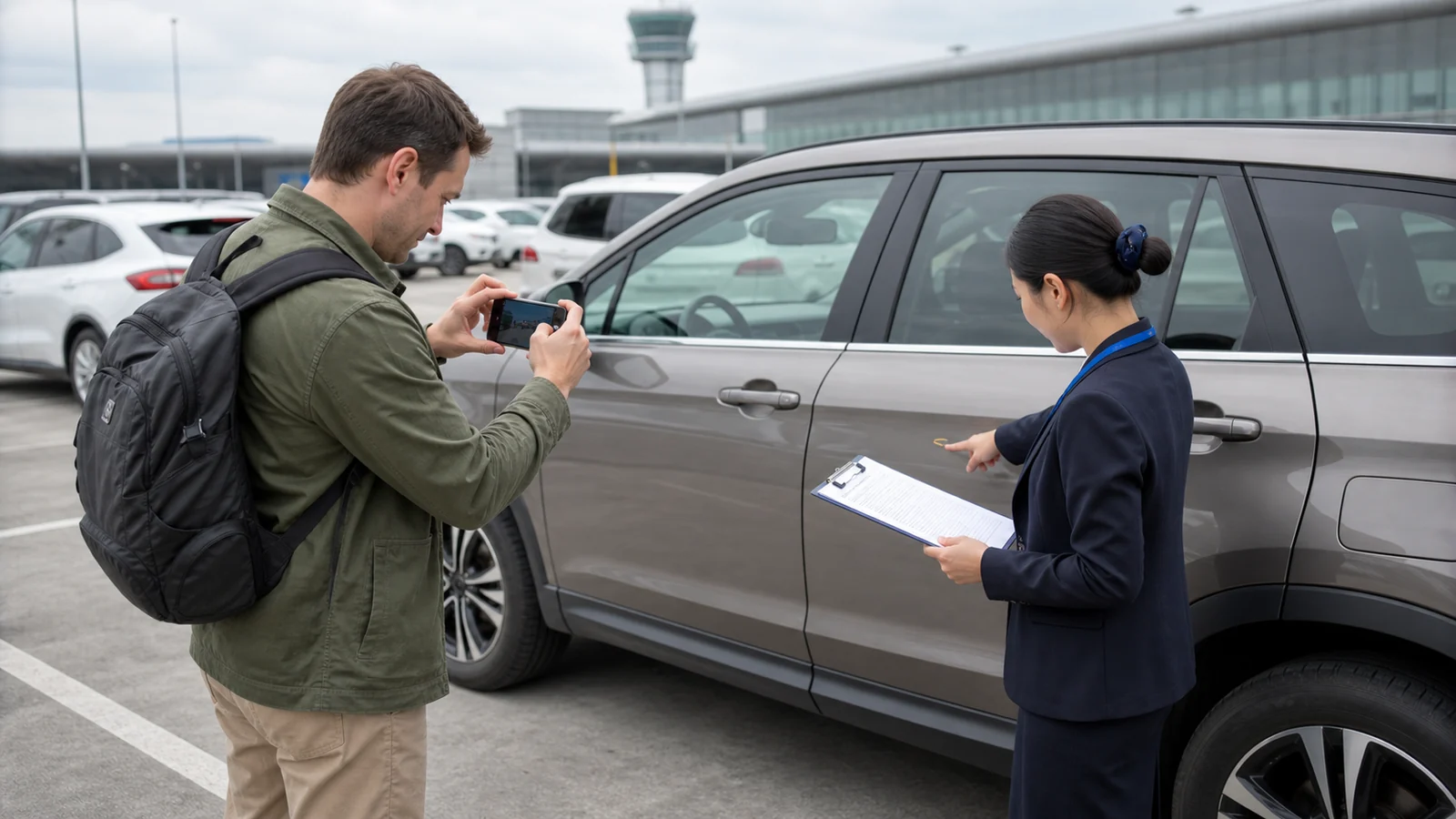 Rental staff and foreign traveller documenting a vehicle inspection before pickup