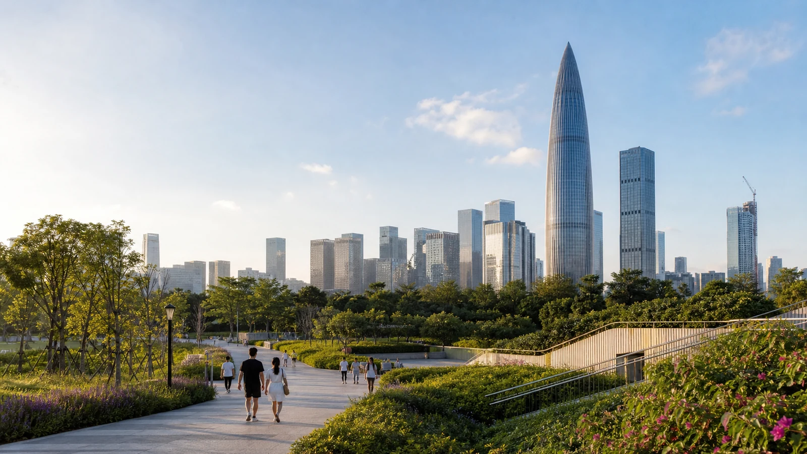 Travelers walk through a green city park with the Shenzhen skyline beyond