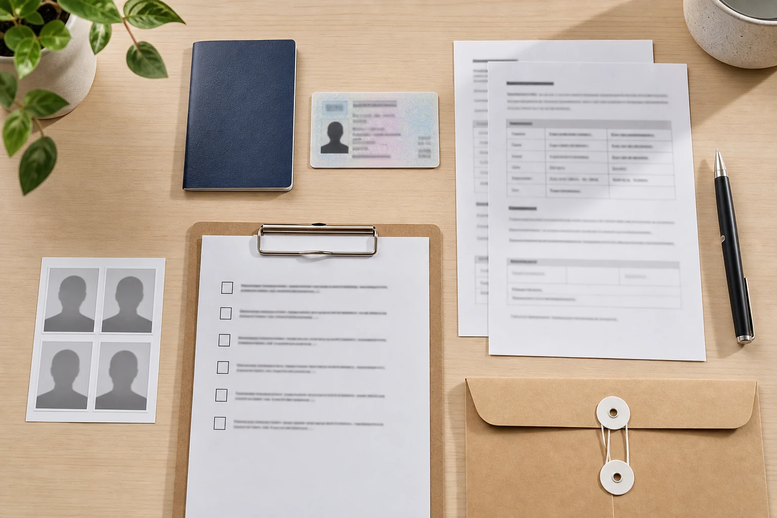 Passport, foreign driving licence, translation, photos and application checklist for a China temporary driving permit