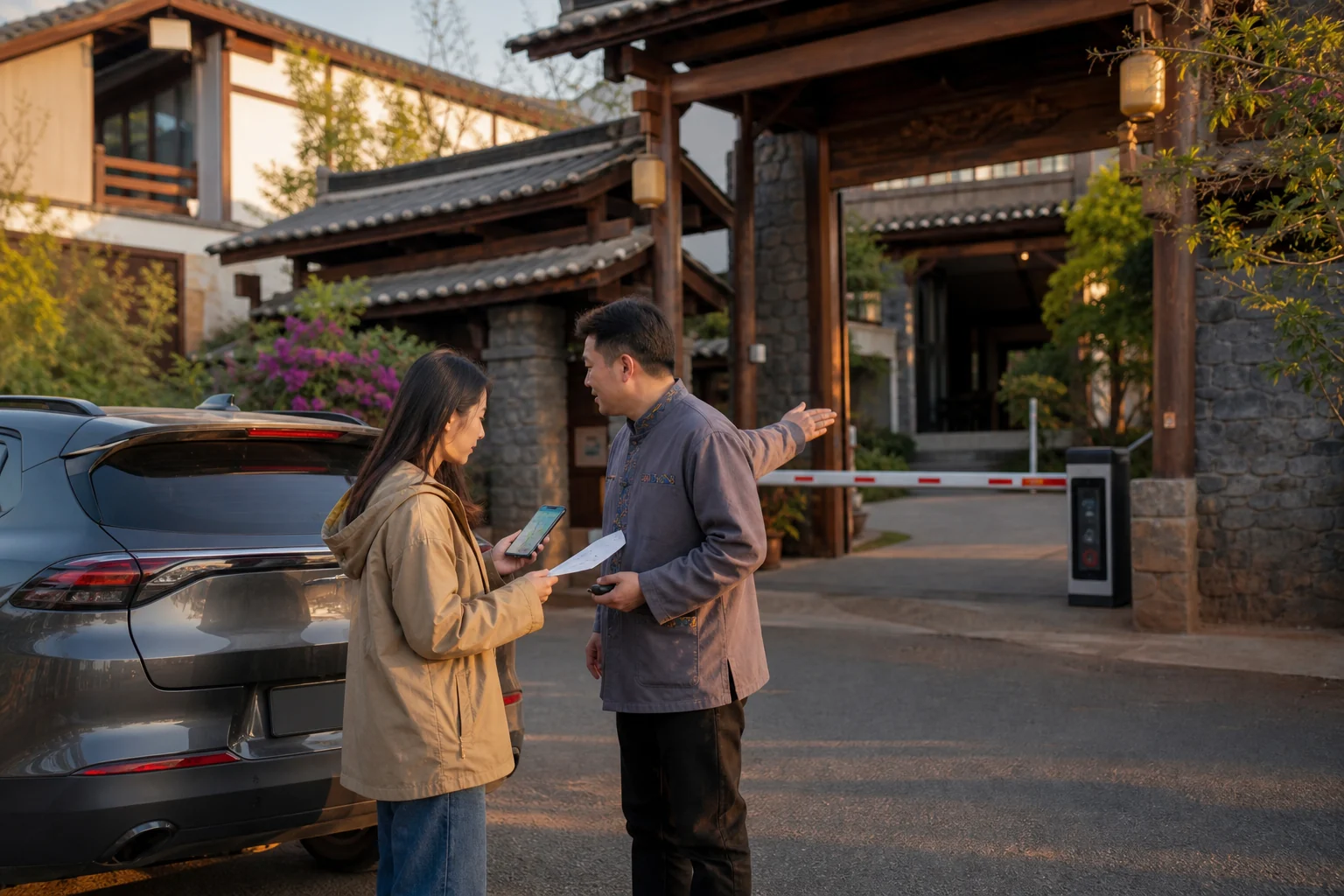 Traveller confirming a Chinese hotel parking entrance before a Yunnan road trip