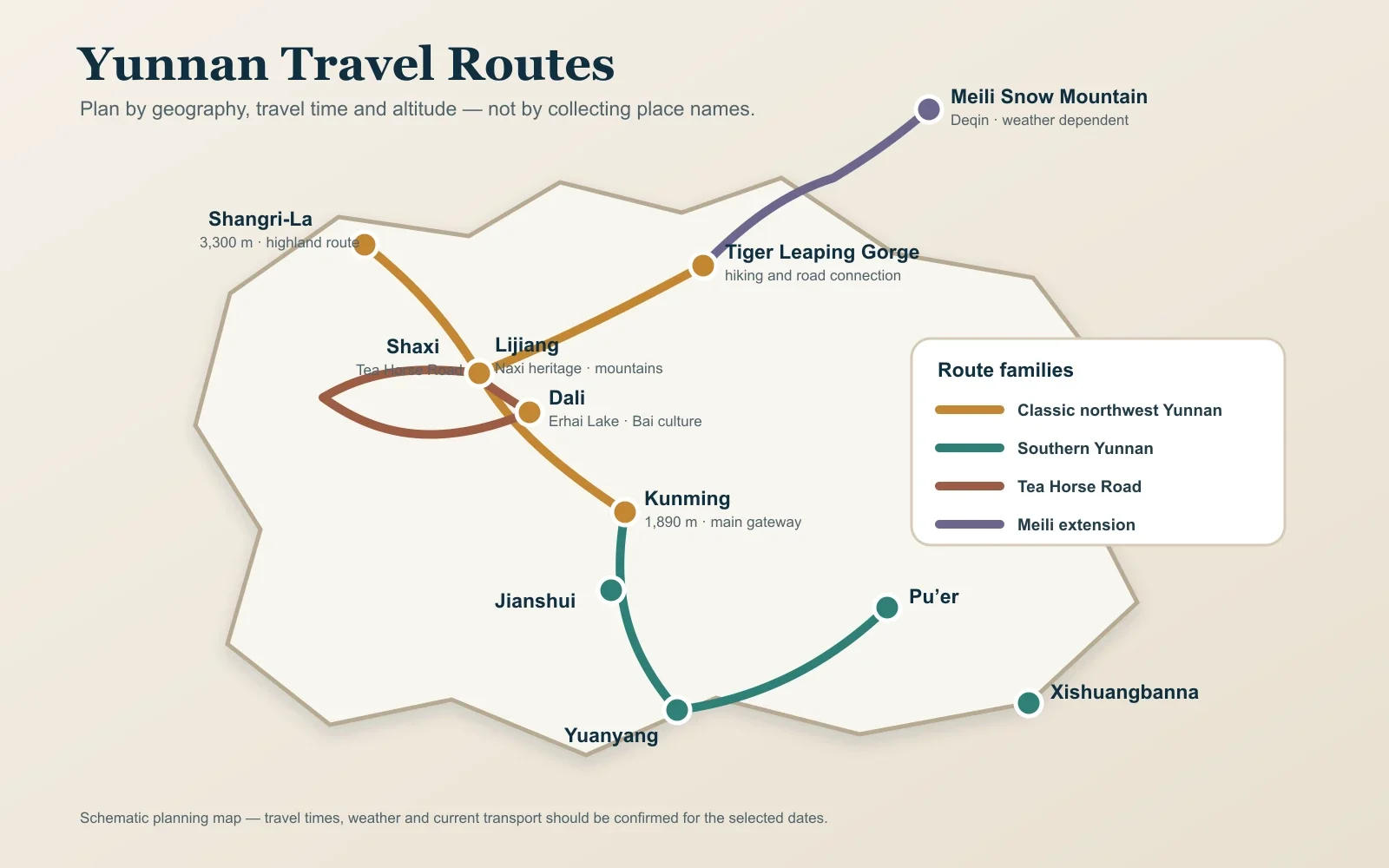 Map comparing classic northwest, southern and highland Yunnan road-trip routes