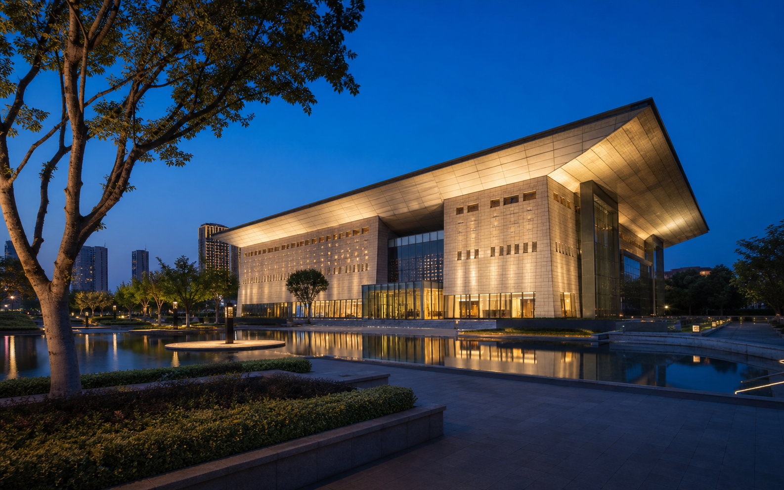 Contemporary museum architecture at dusk in Zhengzhou, Henan