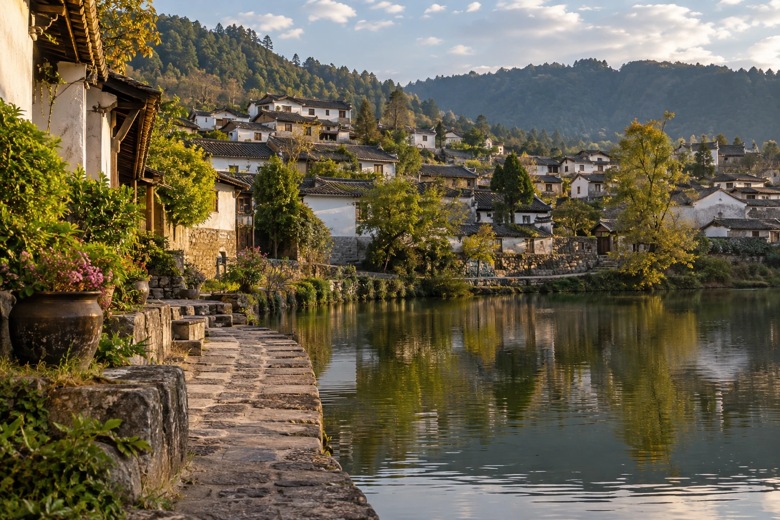 Traditional Heshun houses beside a village pond