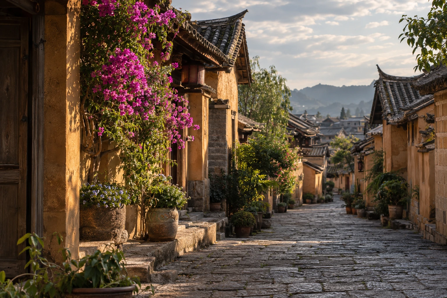 Historic tiled roofs and a lane in Jianshui